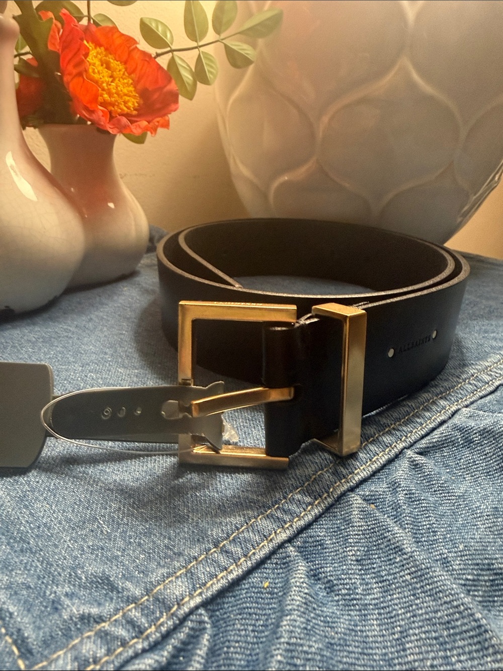 All Saints Black Leather Belt with Gold Buckle! A True Wardrobe Staple